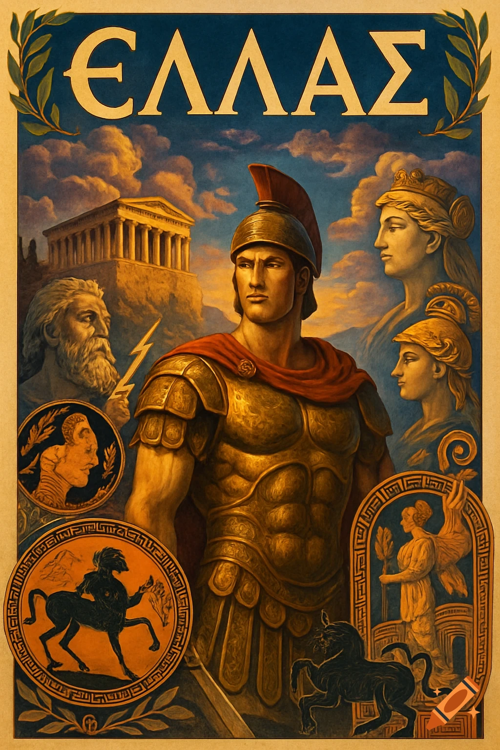 Vintage-style poster featuring an ancient Greek warrior, deities, a temple, and mythological motifs, with 'ΕΛΛΑΣ' at the top.
