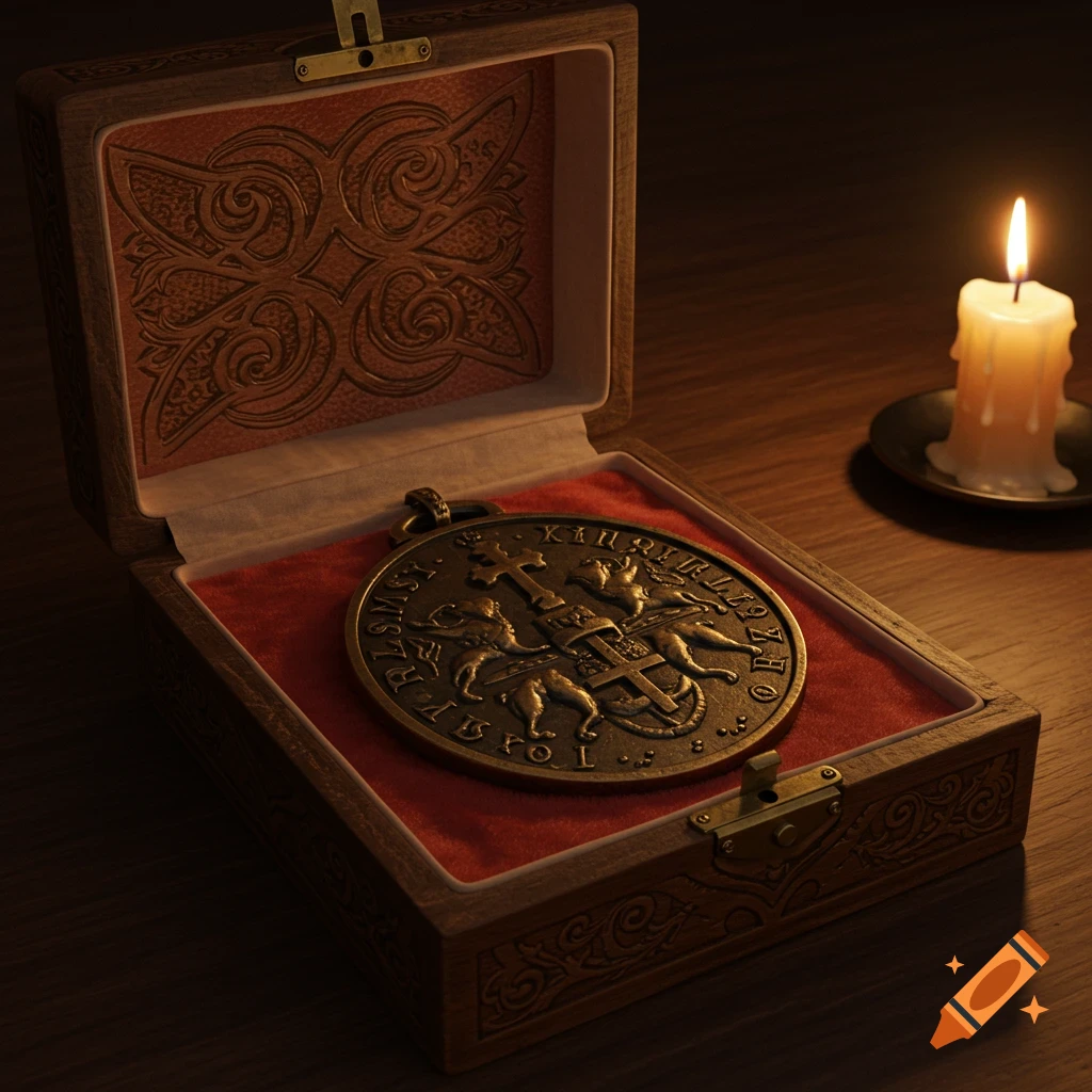 A close-up of a bronze medieval-style medal with intricate carvings in an open, ornate wooden box, illuminated by a flickering candle.