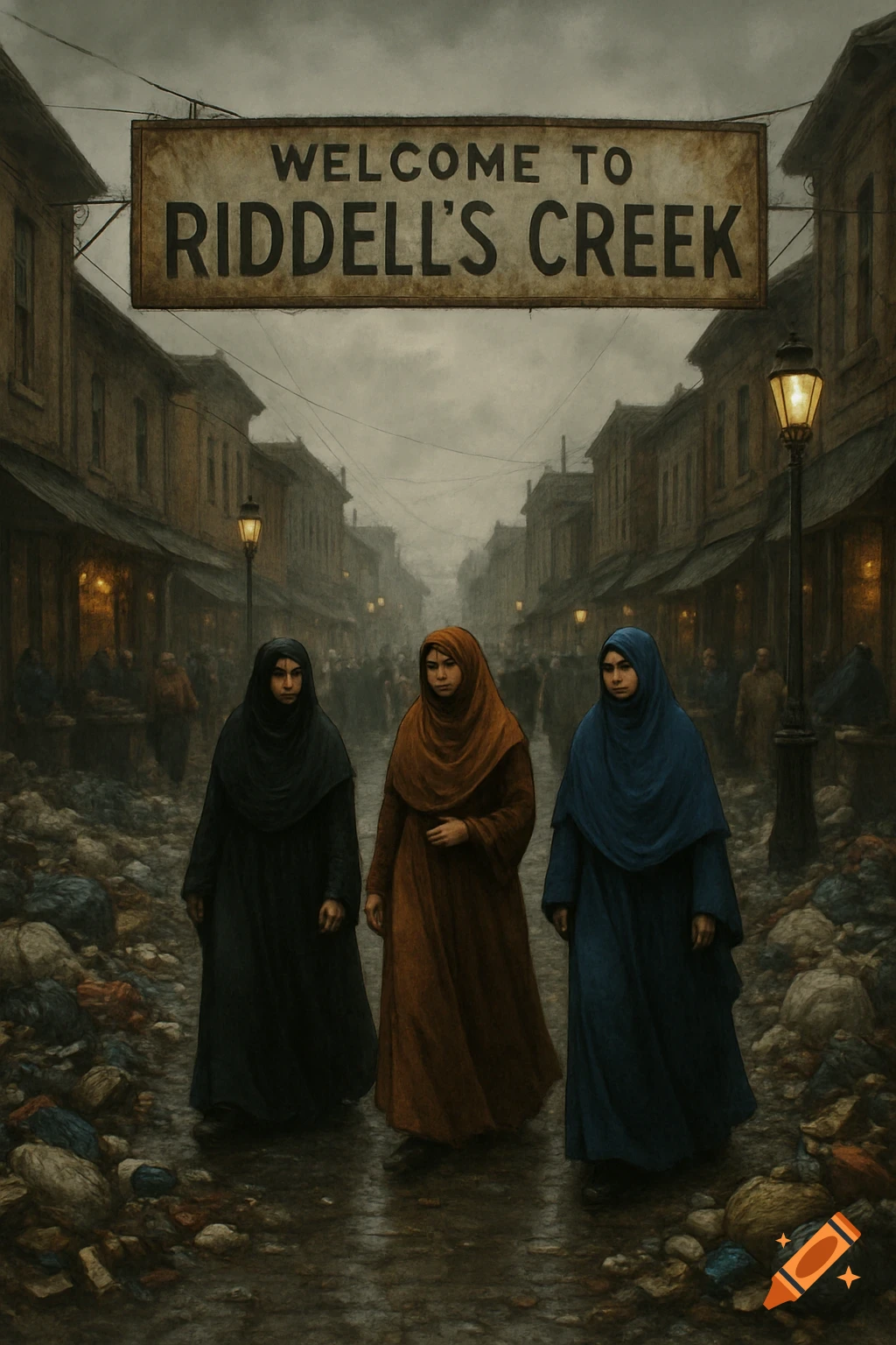 Three women in black, brown, and blue hijabs walk down a dark, trash-strewn street in an old town under a sign reading 'WELCOME TO RIDDELL'S CREEK'.