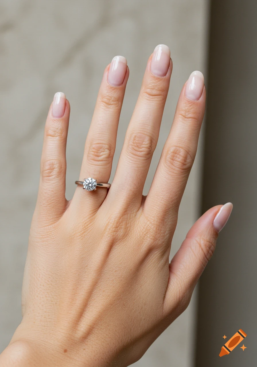 A close-up of a hand with elegant nails, wearing a sparkling brilliant-cut diamond ring on a platinum band. Photorealistic.