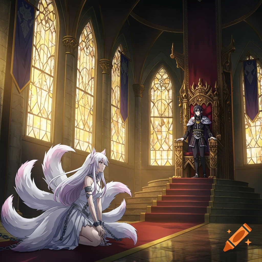 Anime: A chained kitsune woman kneels before a king on his throne in a grand, sunlit throne room with stained glass.