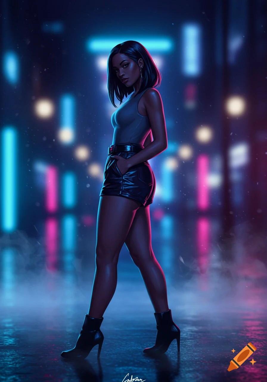 Digital illustration of a woman in a grey top and black shorts, standing confidently in a neon-lit urban street at night.