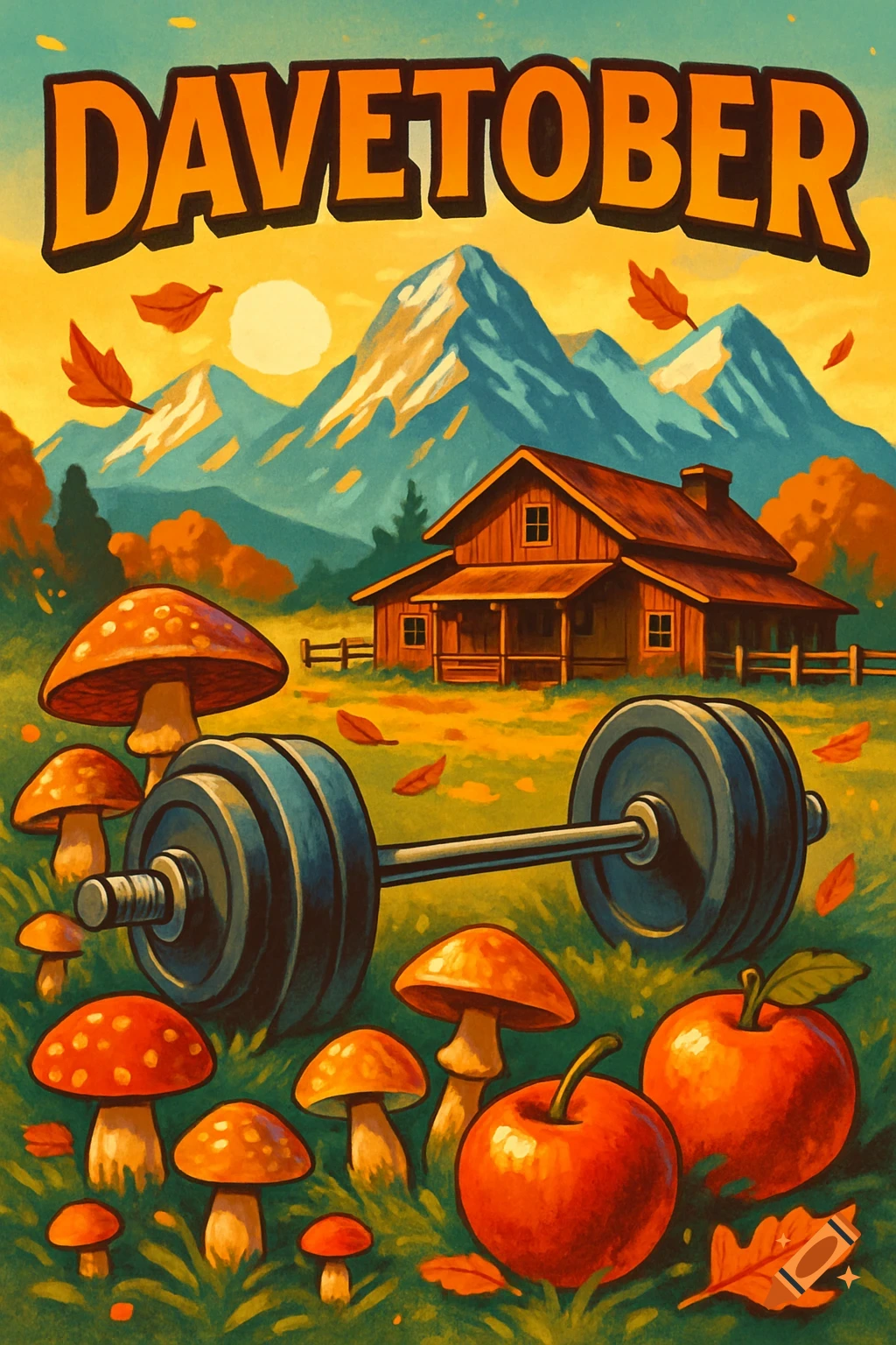 Vibrant stylized poster for 'Davetober' featuring a cabin, mountains, autumn leaves, a barbell, mushrooms, and red apples.