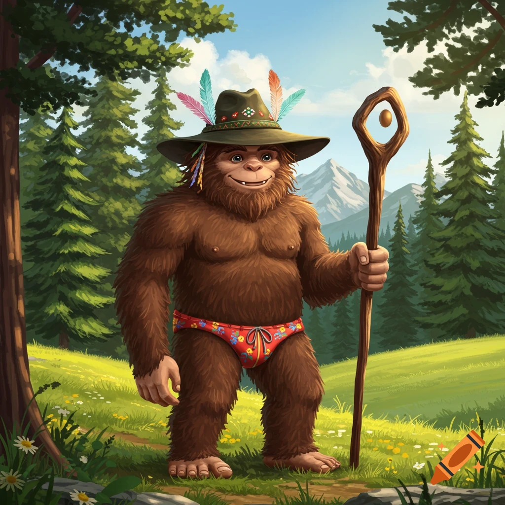 A cartoon bigfoot in an alpine hat with feathers and a red floral speedo stands on a sunny forest path, holding a walking stick. Mountains are in the background.