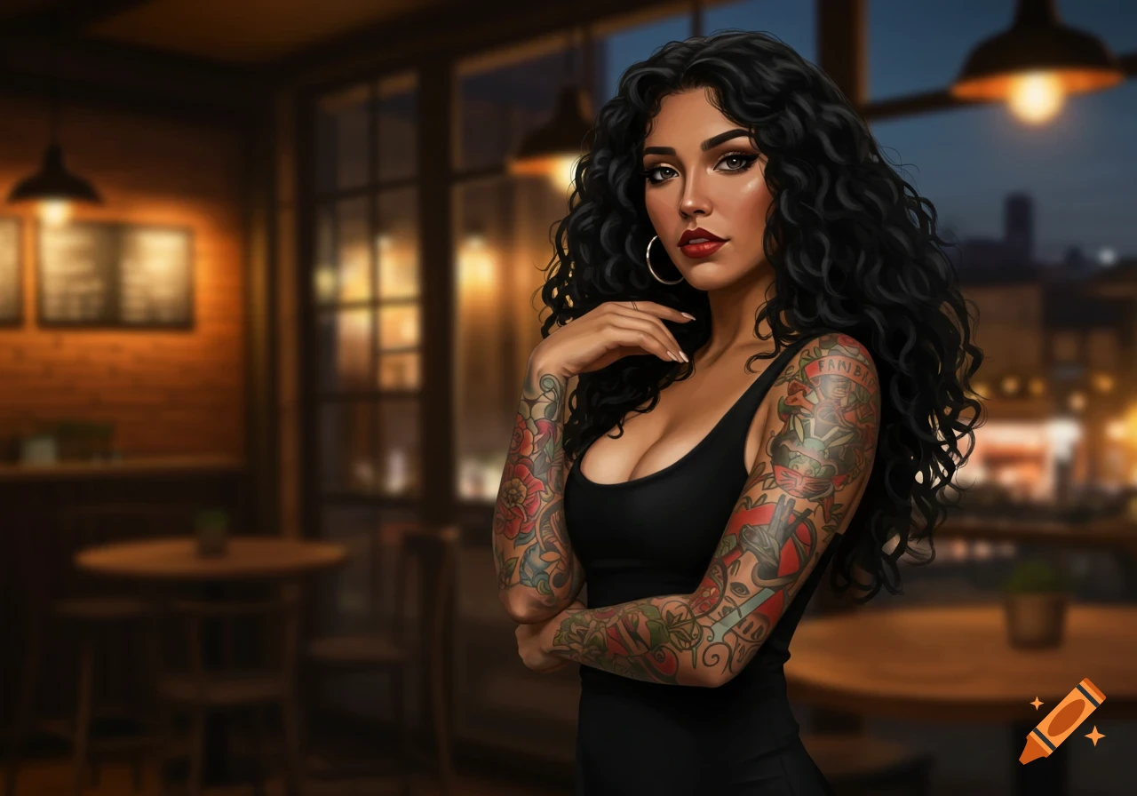 A dark-haired woman with curly hair and full tattoo sleeves wearing a black dress poses in a dimly lit cafe.