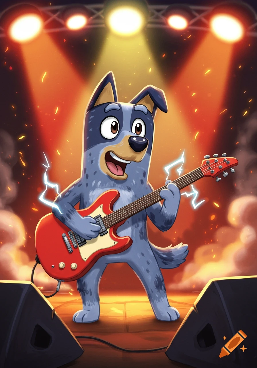 Bandit Heeler, a cartoon blue dog, plays a red electric guitar on a stage under bright spotlights.