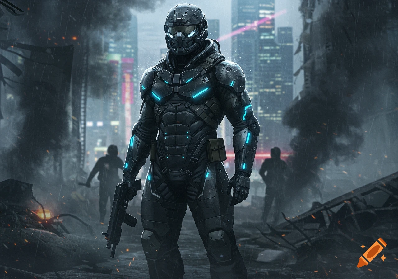 A futuristic soldier in black armor with glowing blue lights stands with a rifle in a rainy, war-torn city at night.