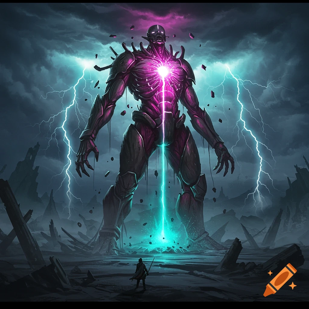 Colossal biomechanical titan with a glowing core and lightning strikes, facing a lone figure in a dark, desolate landscape.