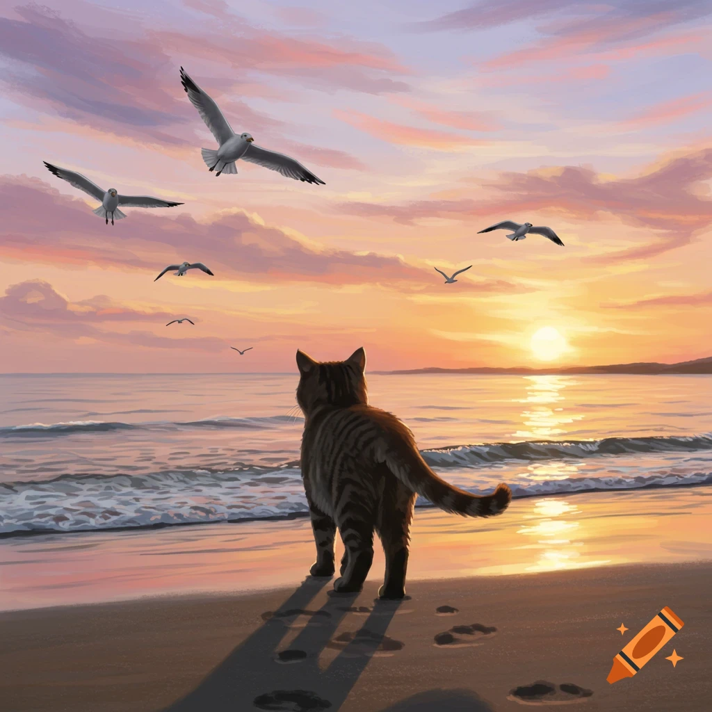 A tabby cat stands on a sandy beach, looking at the ocean and setting sun with seagulls flying overhead. Digital painting.