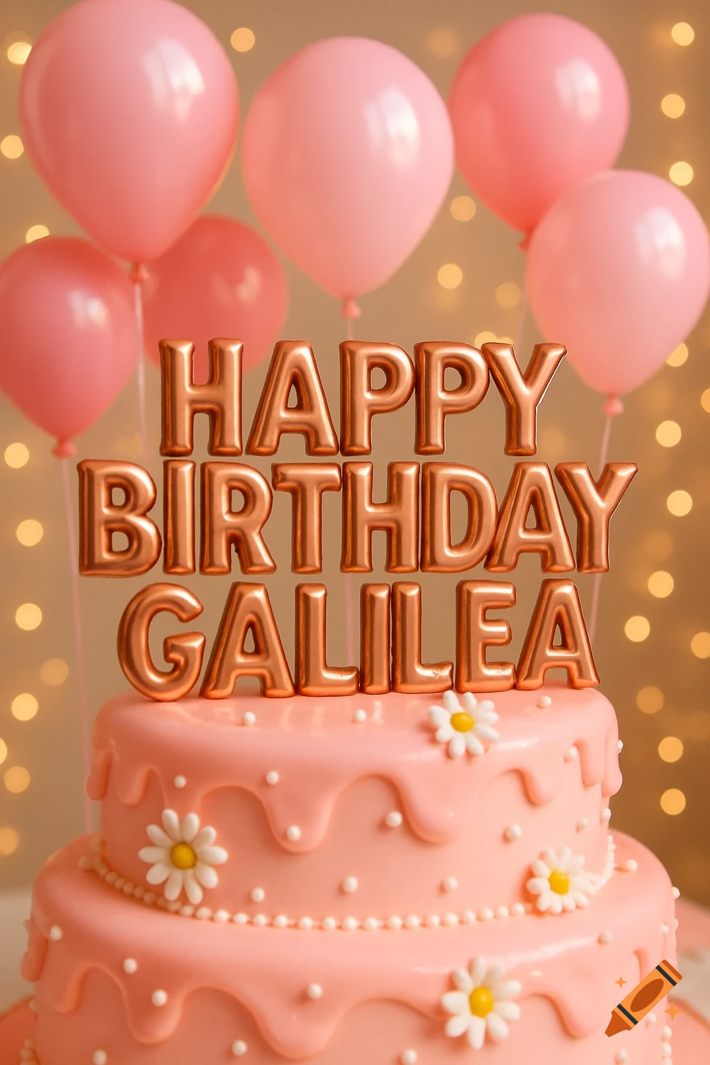 A two-tier pink birthday cake with white frosting drips and daisy decorations, topped with 'HAPPY BIRTHDAY GALILEA' in rose gold 3D letters, surrounded by pink balloons and bokeh lights.