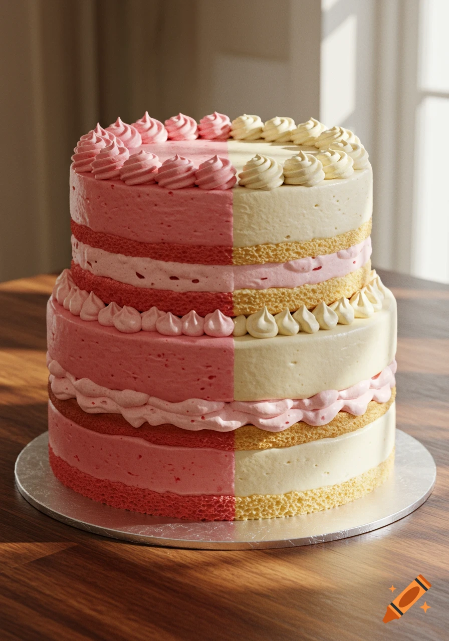 A realistic, two-tiered cake with one side frosted in pink strawberry and the other in white vanilla, adorned with piping.