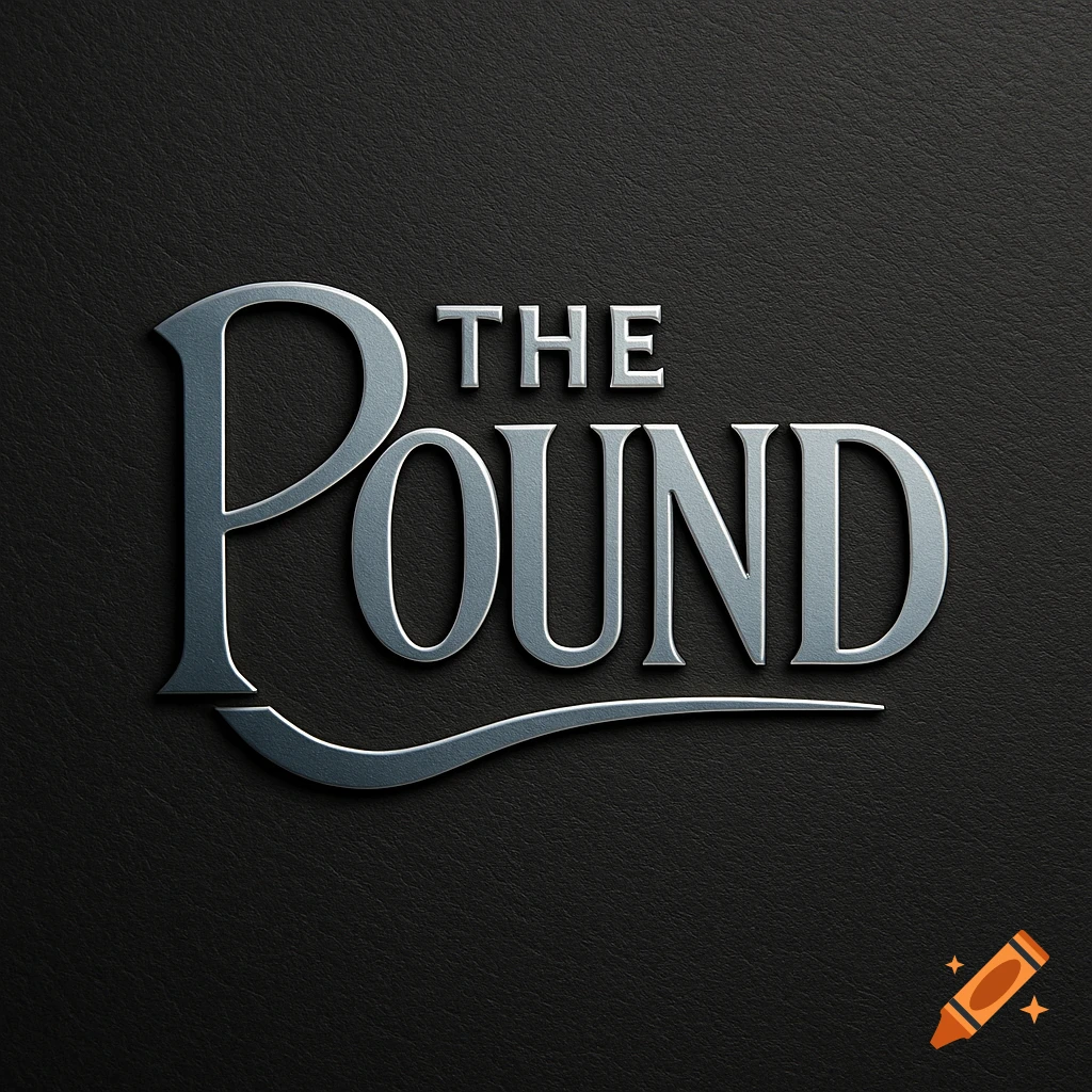 Metallic silver logo for 'THE POUND' with a flowing line beneath it, set on a dark, textured background.