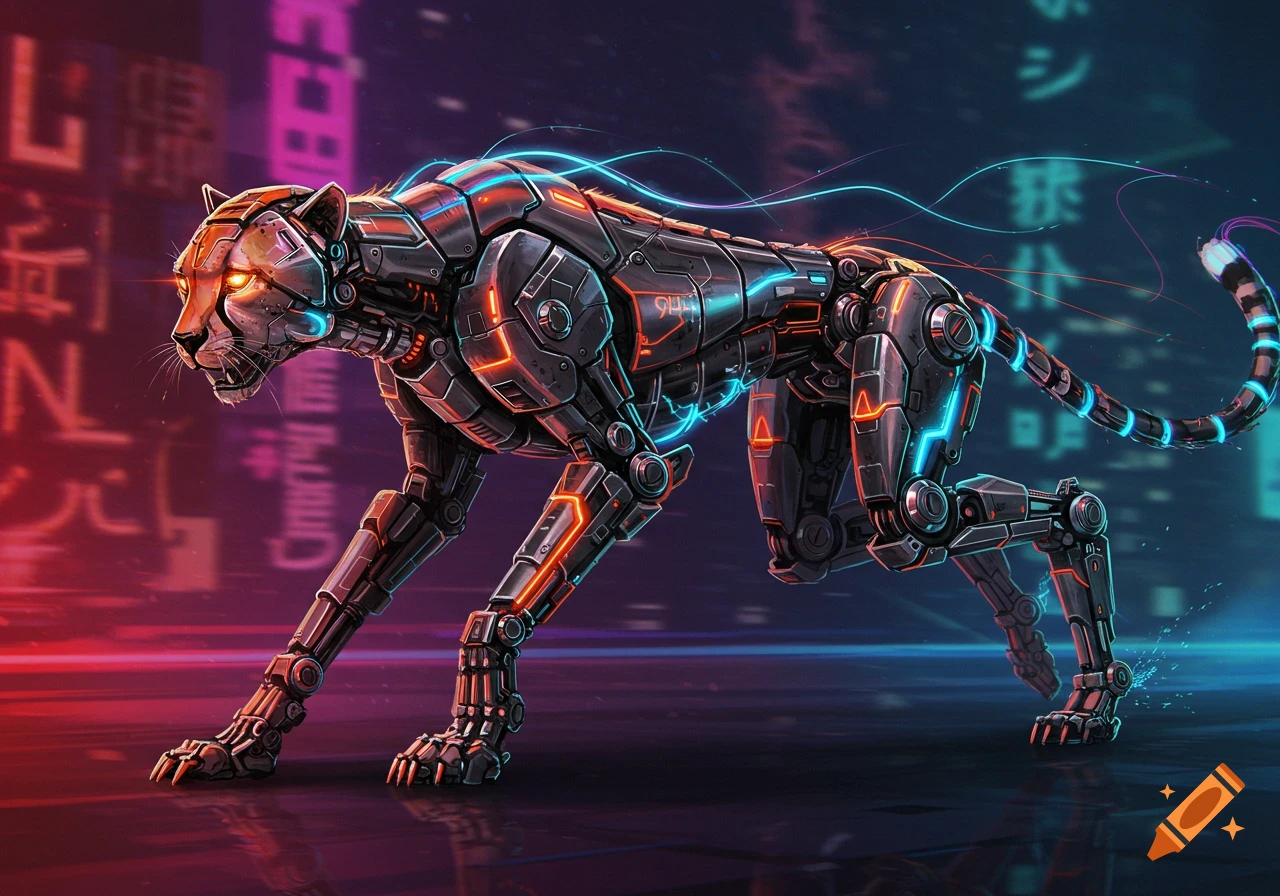 A sleek cyberpunk biomechanical cheetah with glowing orange and blue neon lines stalks through a neon-lit futuristic city.