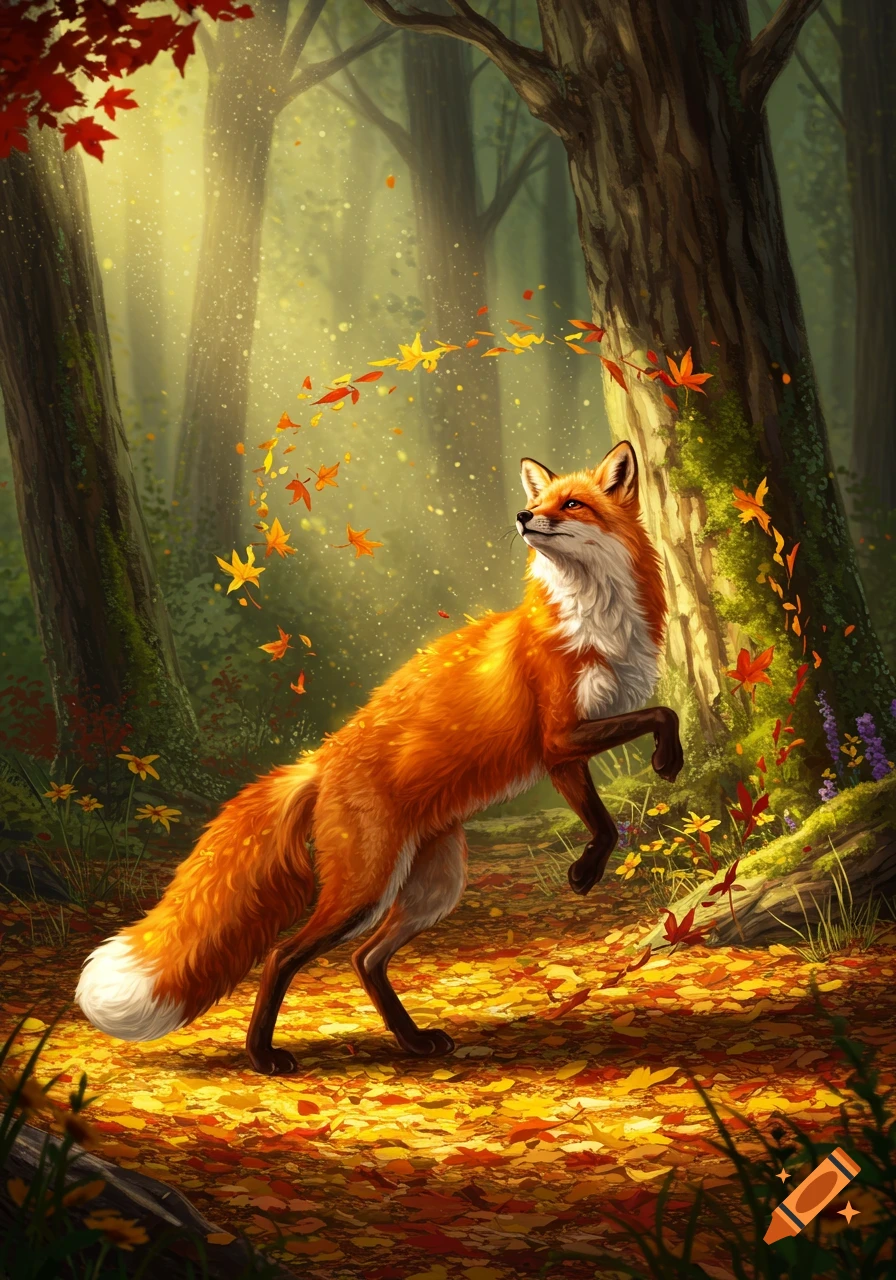 A vibrant orange fox dances in an autumn forest, surrounded by swirling yellow and red leaves and golden light.