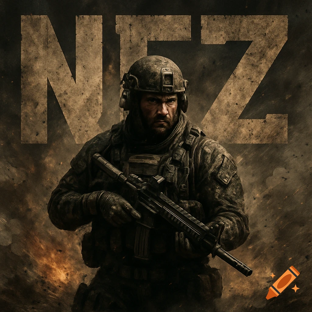 A realistic military-style image of a soldier in gear holding a rifle, with large distressed 'NFZ' text and smoke in the background.