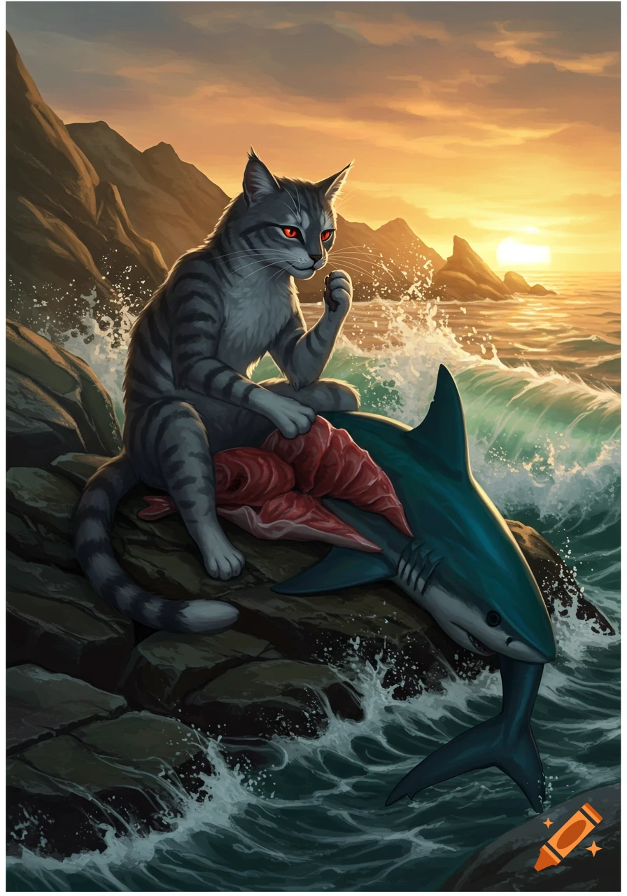 A gray striped cat with red eyes sits on a shark, eating its meat, on a rocky coast at sunset in a stylized illustration.