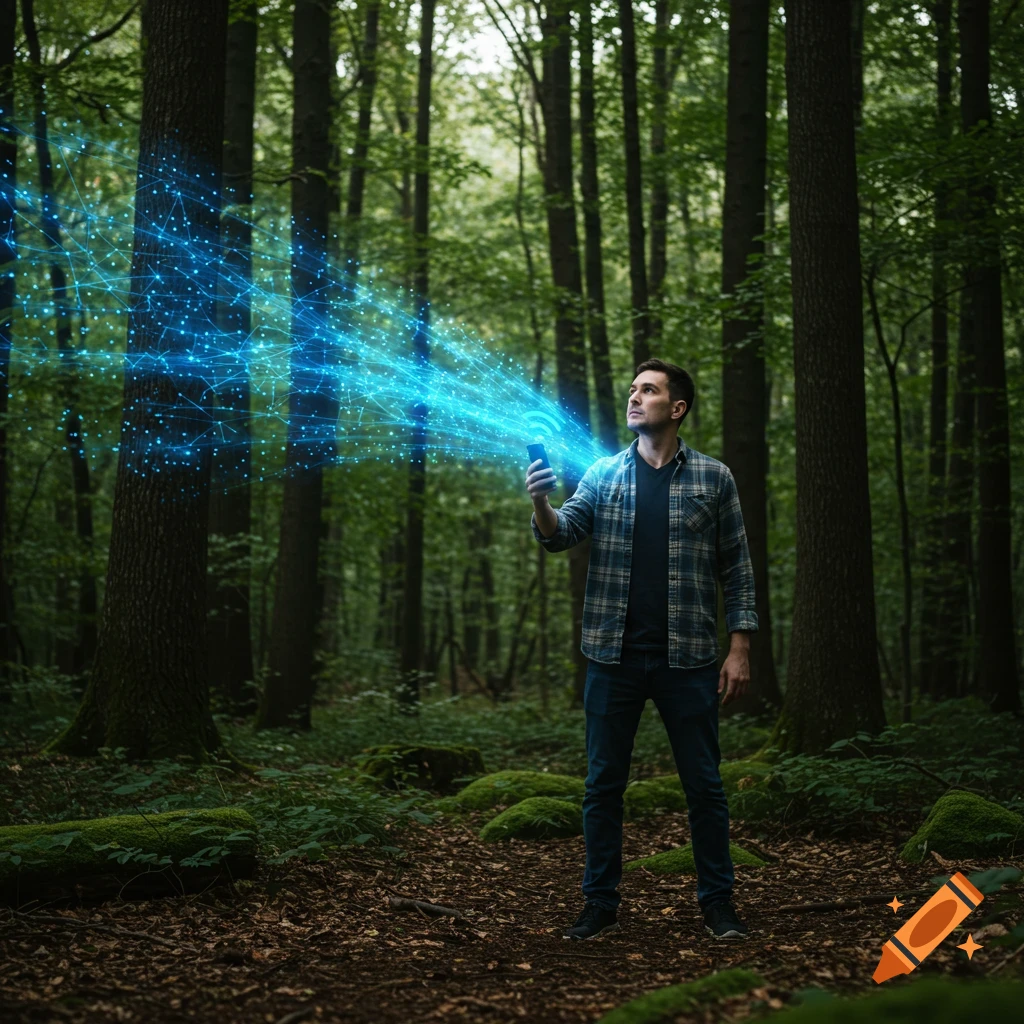A man in a plaid shirt stands in a forest, holding up a smartphone from which blue digital signals emanate. Photorealistic.