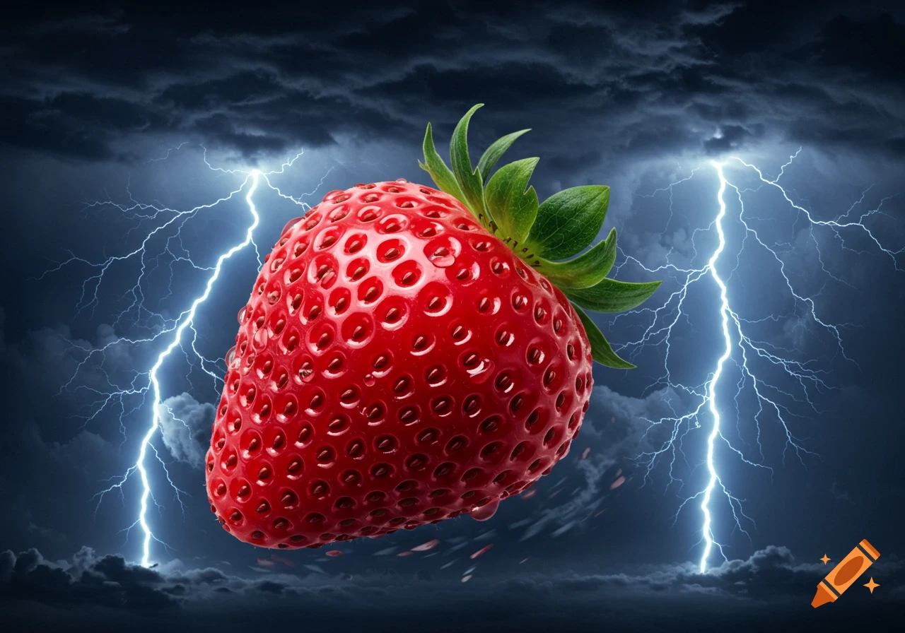 A vibrant red strawberry floats in a dark, stormy sky with multiple lightning strikes.