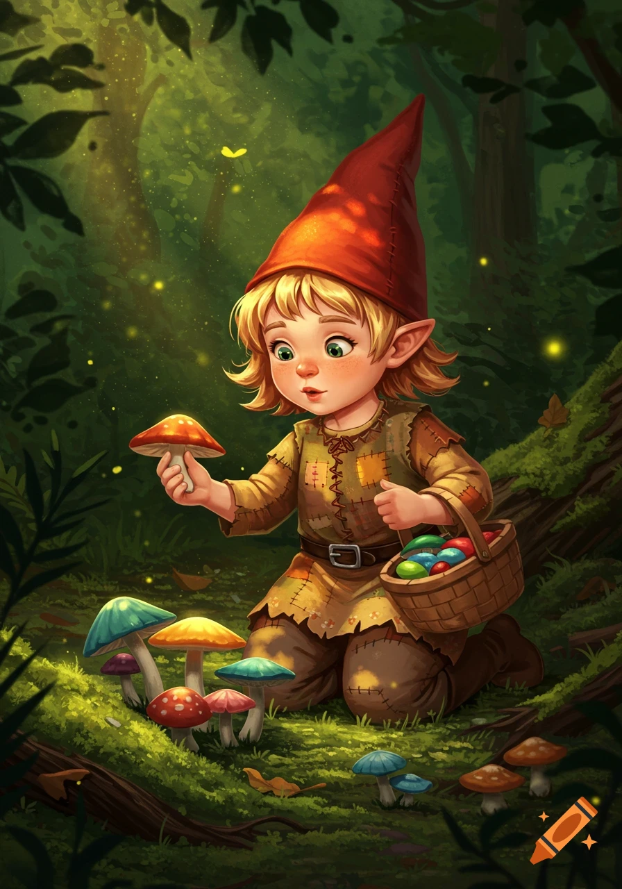 A cute gnome-like child with a red hat kneels in an enchanted forest, holding a mushroom, surrounded by colorful fungi.