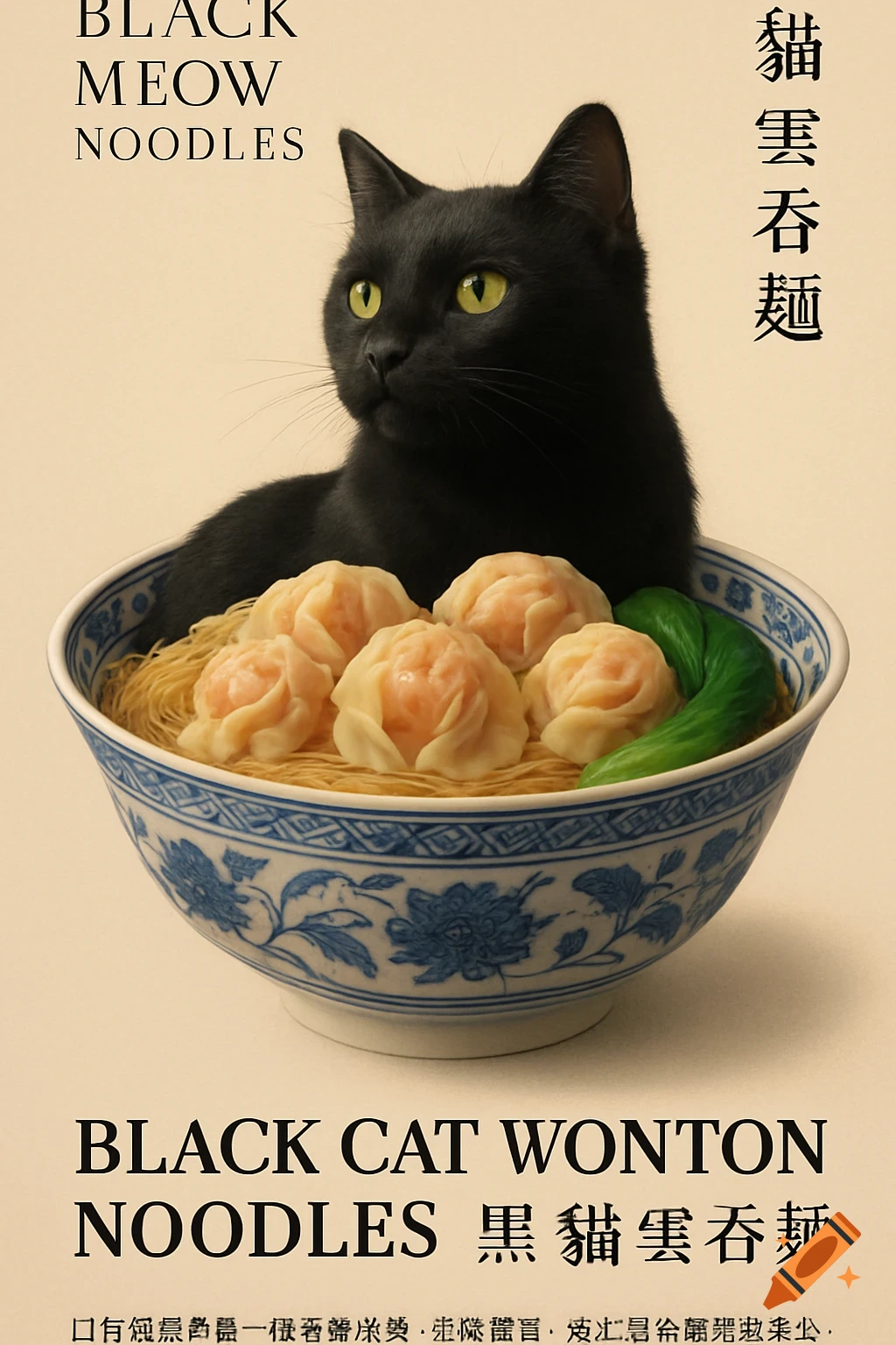 A black cat with green eyes sits inside a blue and white porcelain bowl filled with noodles, shrimp wontons, and green vegetables. Poster with text.