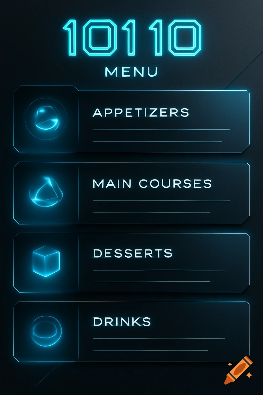 A futuristic digital menu with neon blue text, listing '101 10', 'MENU', 'APPETIZERS', 'MAIN COURSES', 'DESSERTS', and 'DRINKS'.
