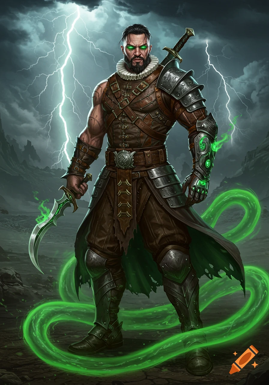 A muscular, bearded fantasy warrior in leather and metal armor with glowing green eyes and energy, holding a dagger, against a lightning storm.