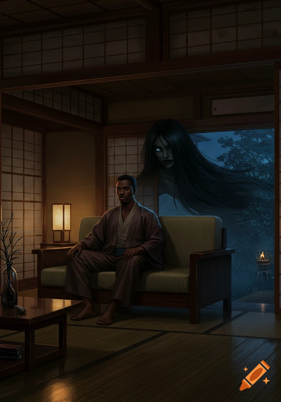 A man sits on a couch in a traditional Japanese home, unaware of a long-haired ghost with glowing eyes emerging from behind him.