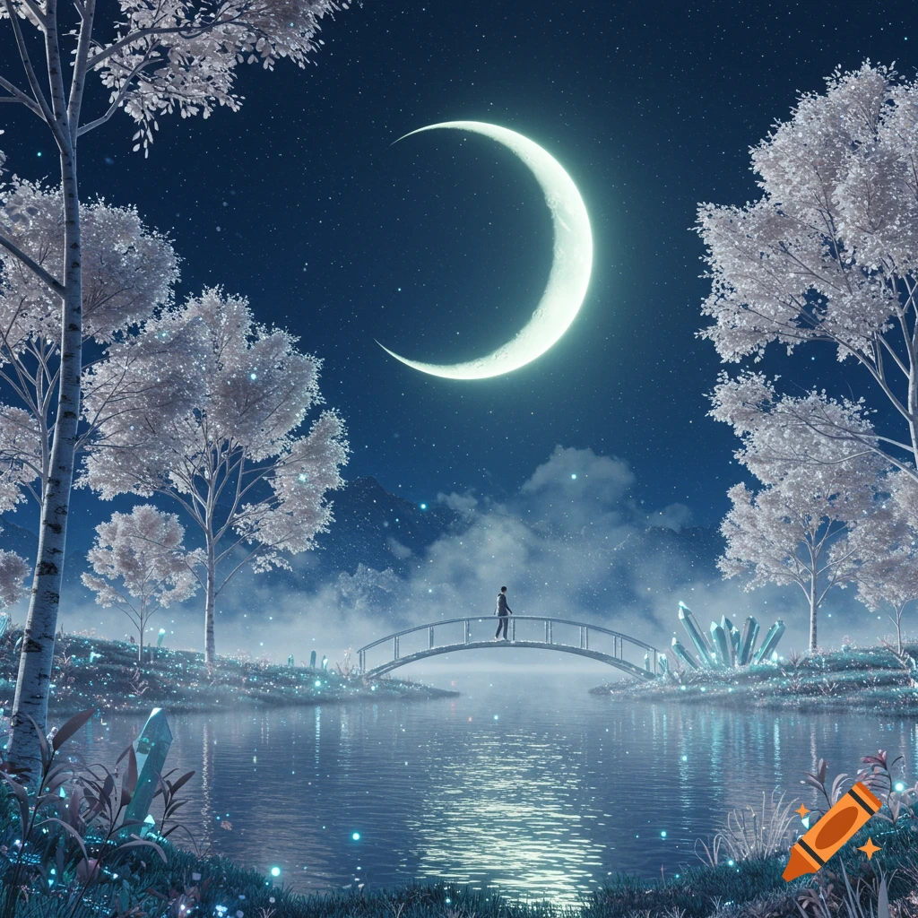 A person walks on a bridge over a glowing lake, under a crescent moon and starry night, surrounded by white trees and crystals in a fantasy landscape.