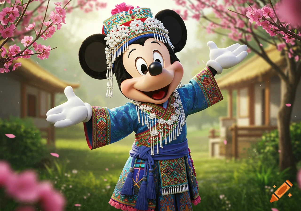 Mickey Mouse in elaborate Hmong traditional clothing smiles with outstretched arms amidst cherry blossoms and traditional Asian buildings.