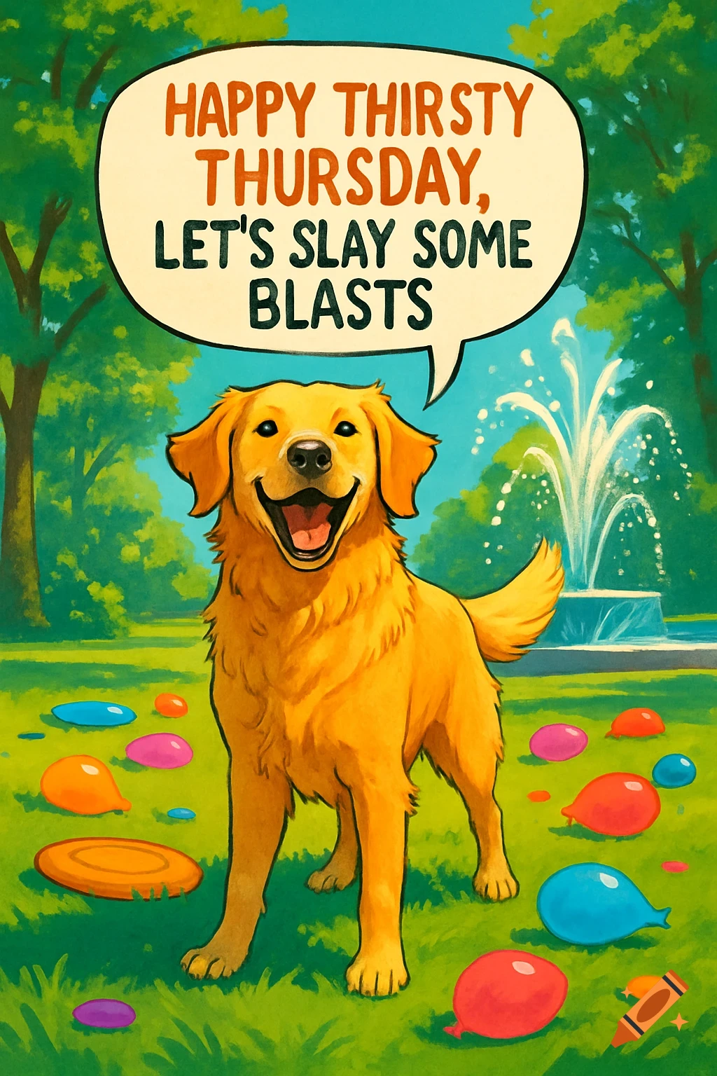 A cartoon golden retriever smiles in a park with a speech bubble saying 'Happy Thirsty Thursday, let's slay some blasts'. Colorful balloons are on the grass.