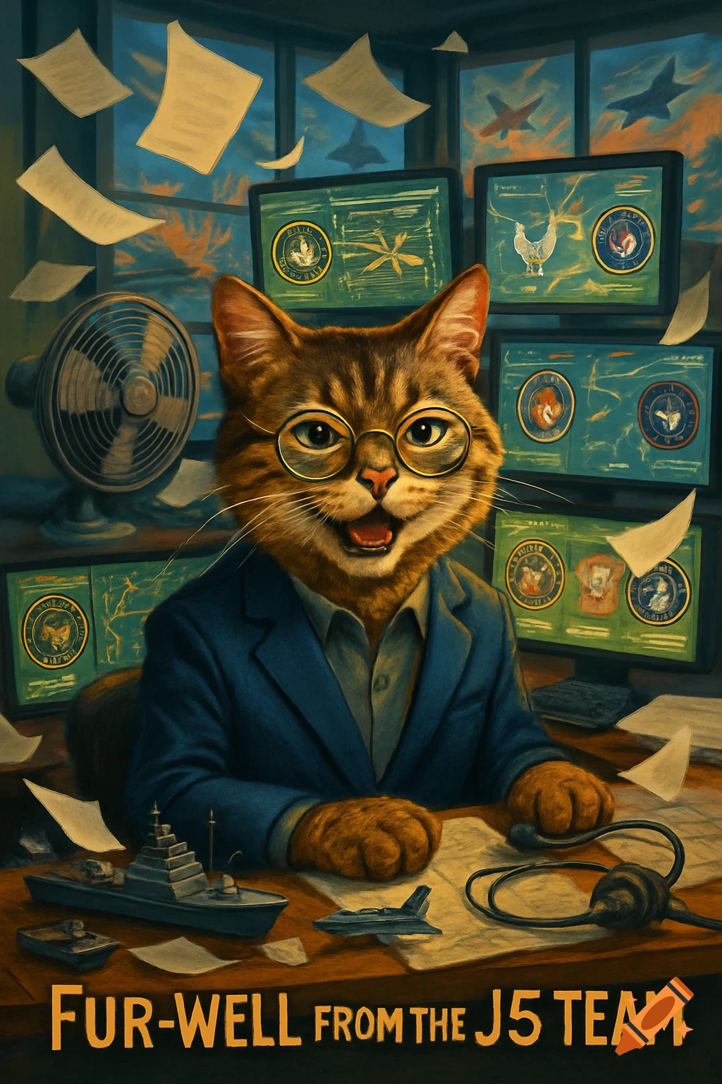 A stylized illustration of a cat in a suit and glasses at a chaotic office desk, surrounded by screens, papers, and military elements. Text: 'FUR-WELL FROM THE J5 TEAM'.