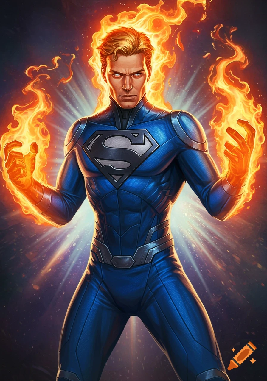 A blond male superhero in a blue suit with a black 'S' symbol on his chest, surrounded by bright orange flames emanating from his hands.