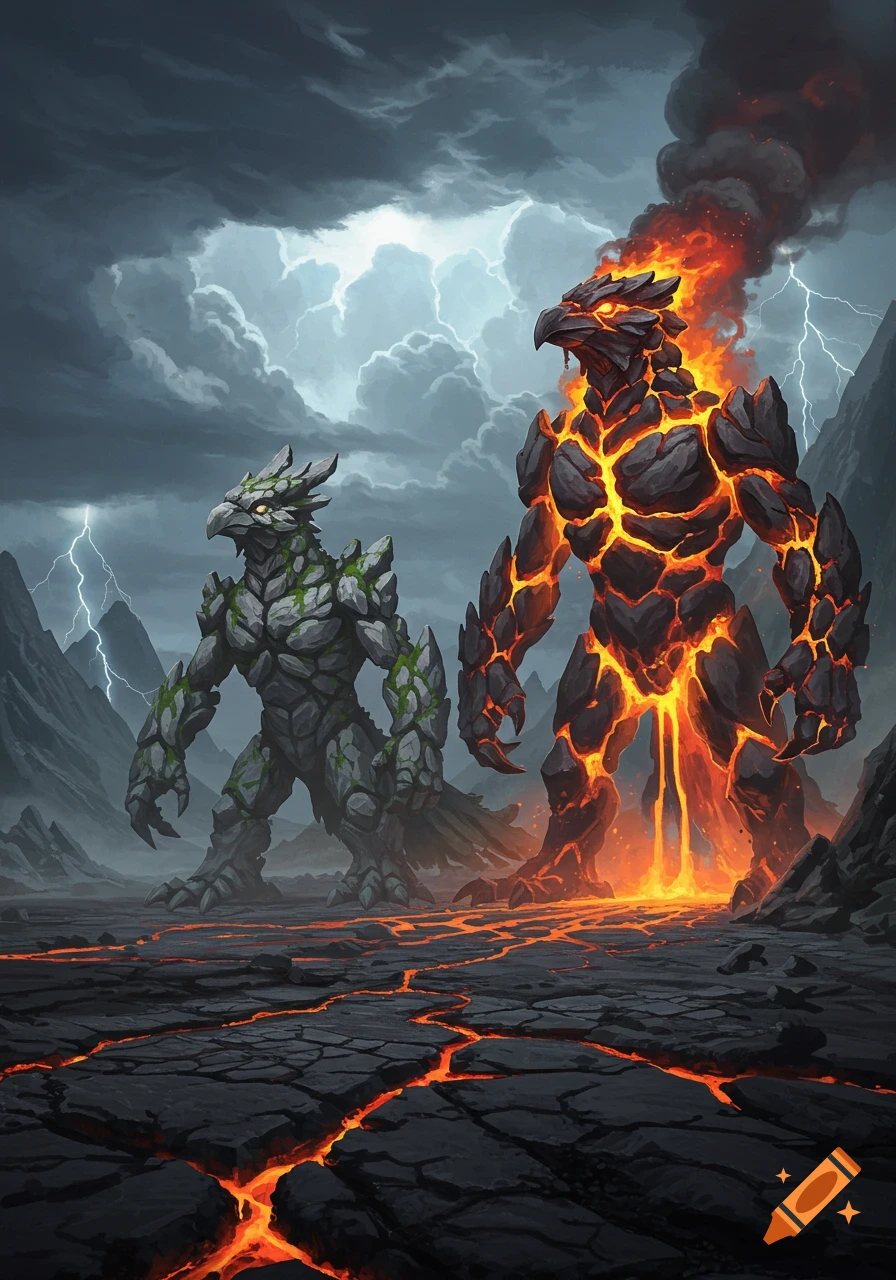 Two colossal bird-like elemental monsters, one rock and moss, one lava and rock, stand in a stormy volcanic landscape.