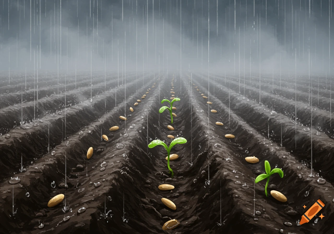 Illustrative scene of rain falling on a freshly planted field with seeds and emerging green seedlings under a grey sky.