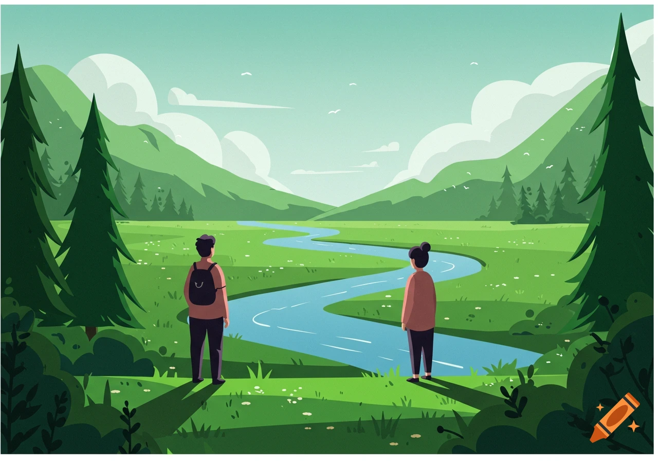 Two people admire a winding river flowing through a lush green valley surrounded by mountains, stylized illustration.