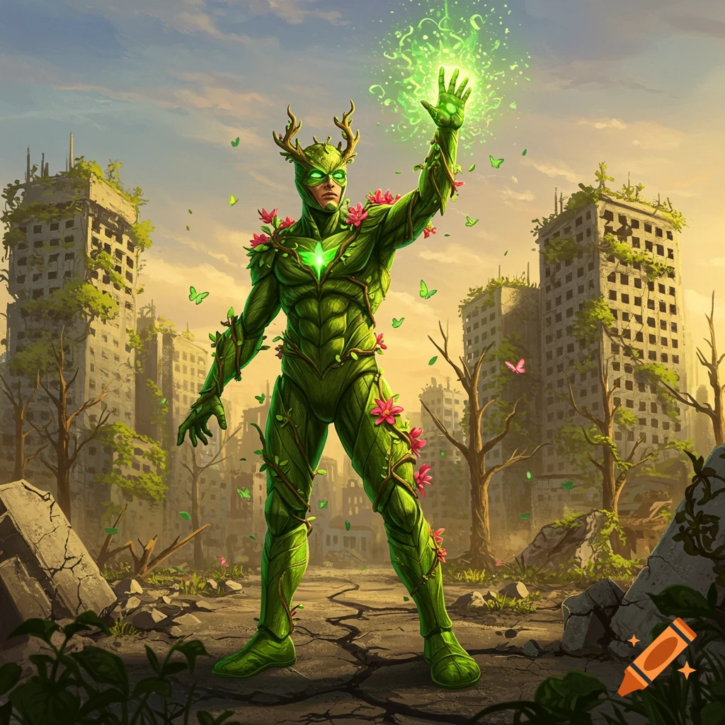 A plant-covered superhero with antlers raises a glowing green hand in a ruined, overgrown city, detailed fantasy illustration.