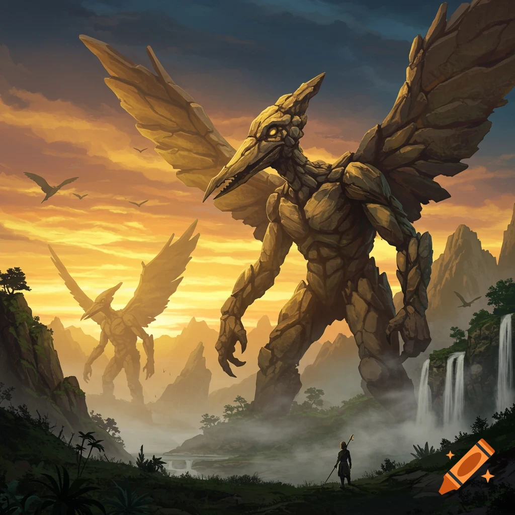 Two gigantic rock-bodied pterosaur humanoids loom over a small figure in a misty, mountainous valley at sunset, with waterfalls in the background.