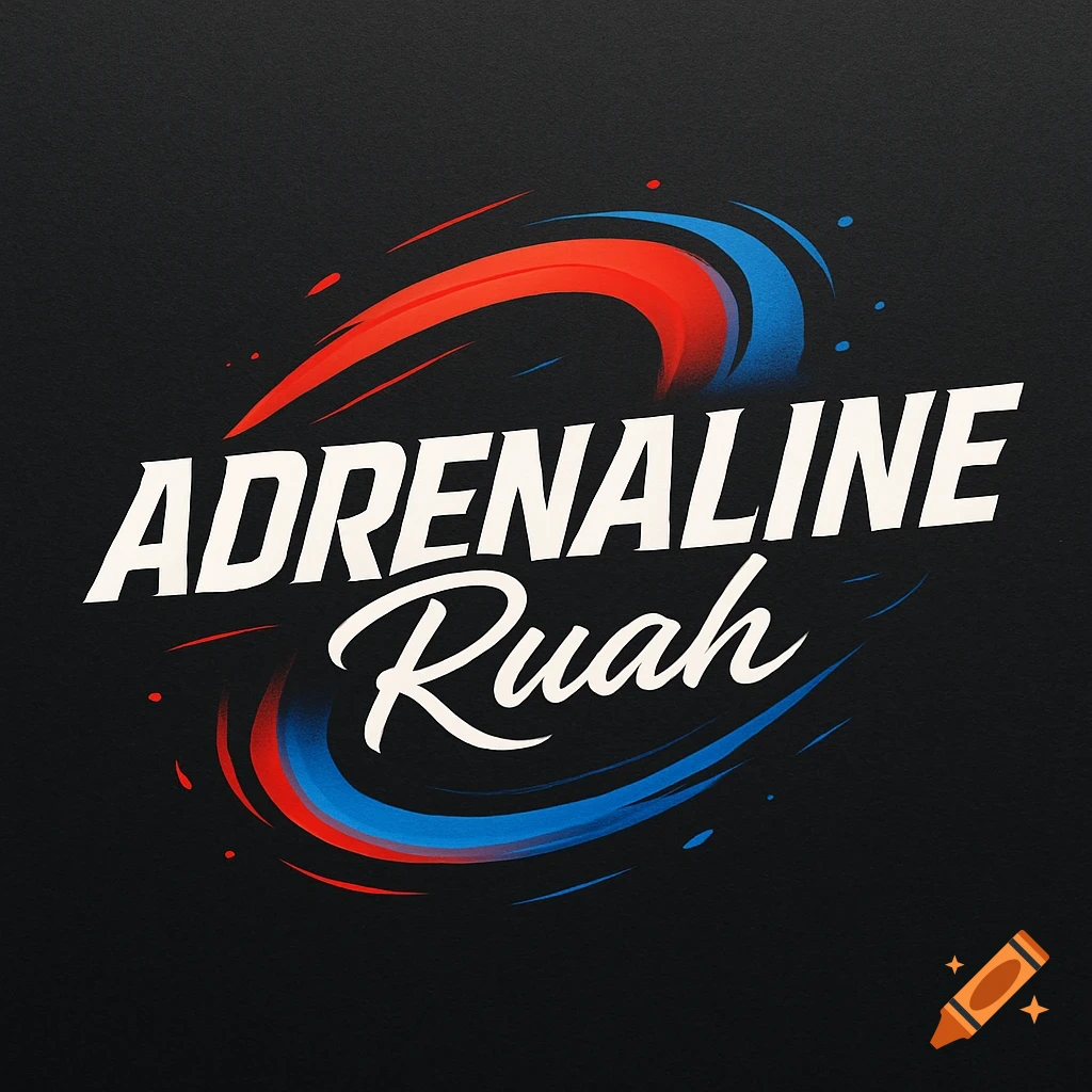 White stylized text 'ADRENALINE Ruah' with red and blue dynamic swooshes on a black background.