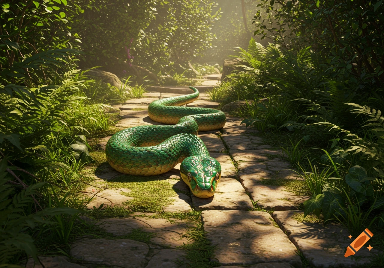 A photorealistic green and yellow snake slithering on a stone path through a lush, sunlit jungle.