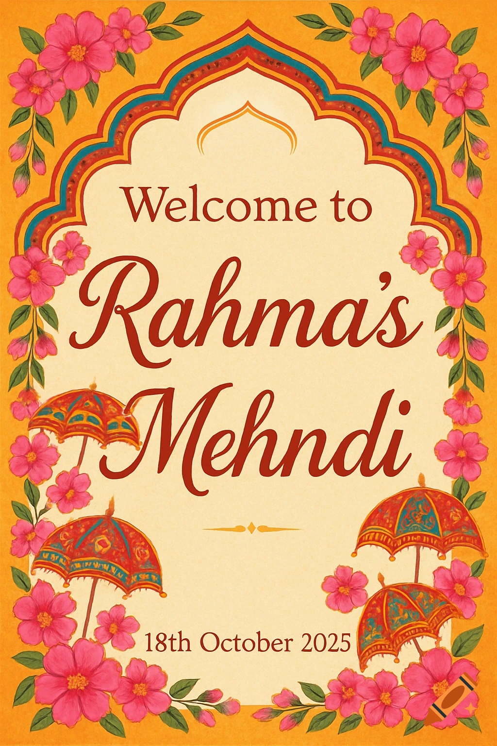 A vibrant yellow welcome sign for Rahma's Mehndi on 18th October 2025, framed by pink flowers and featuring traditional Indian umbrellas and an arch design.