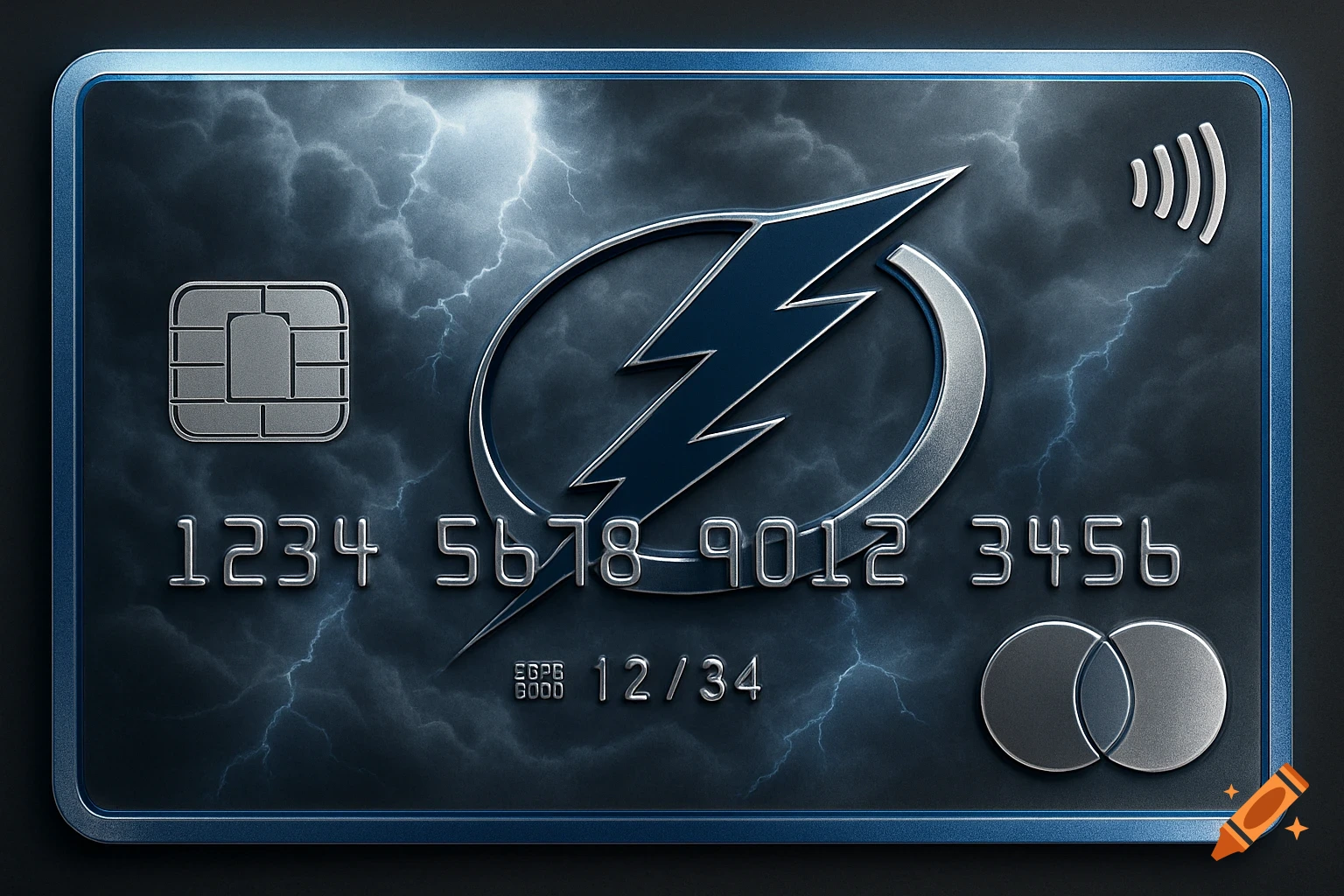 A stylized credit card with a dark, stormy background, featuring the Tampa Bay Lightning logo as the central design. It shows a chip, card numbers, and payment symbols.