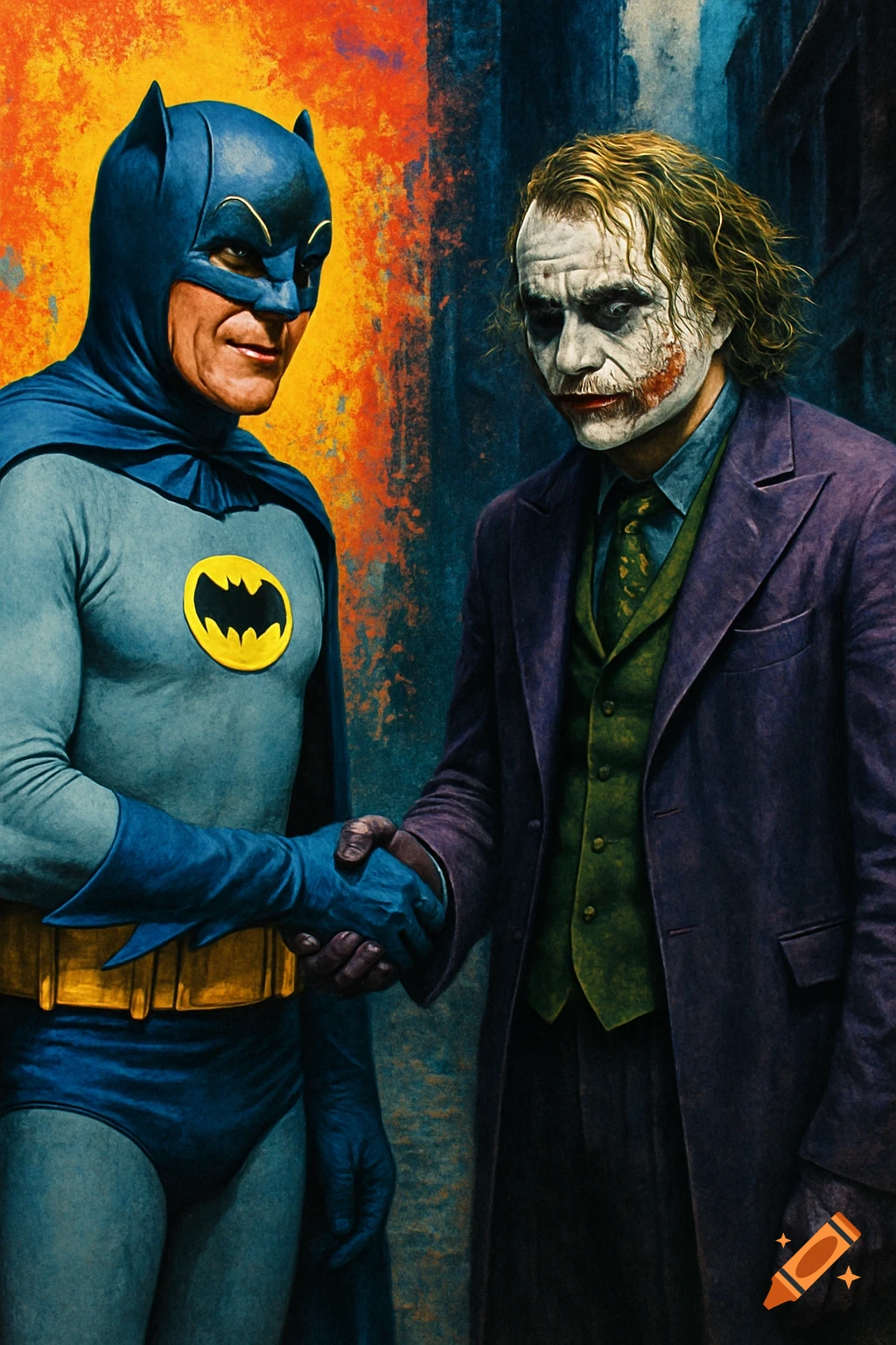 Adam West's Batman in a classic grey and blue costume shakes hands with Heath Ledger's Joker, depicted in a gritty, pop art style.
