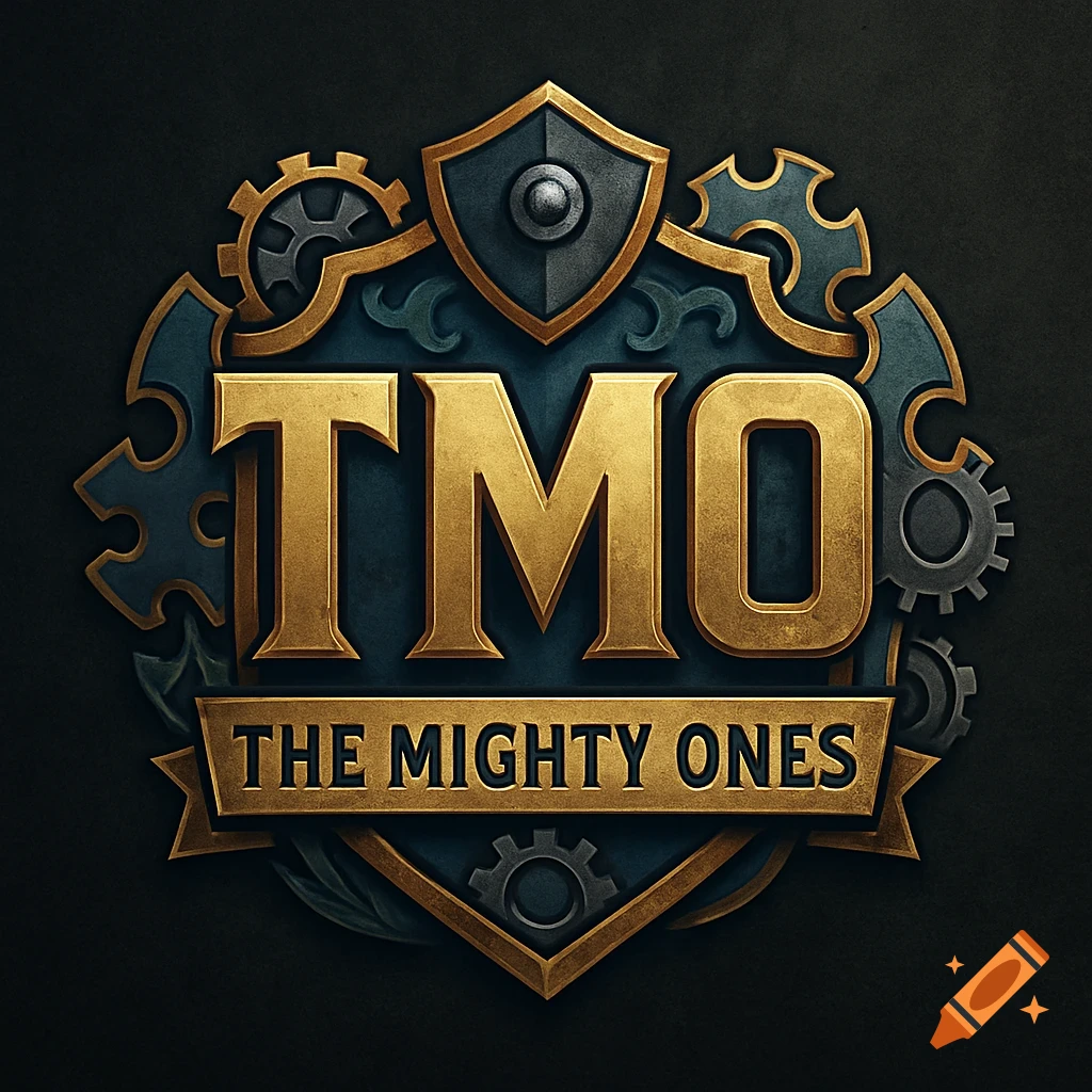 A detailed metallic fantasy logo with the letters 'TMO' prominently displayed above a banner reading 'THE MIGHTY ONES', set against gears and a shield.