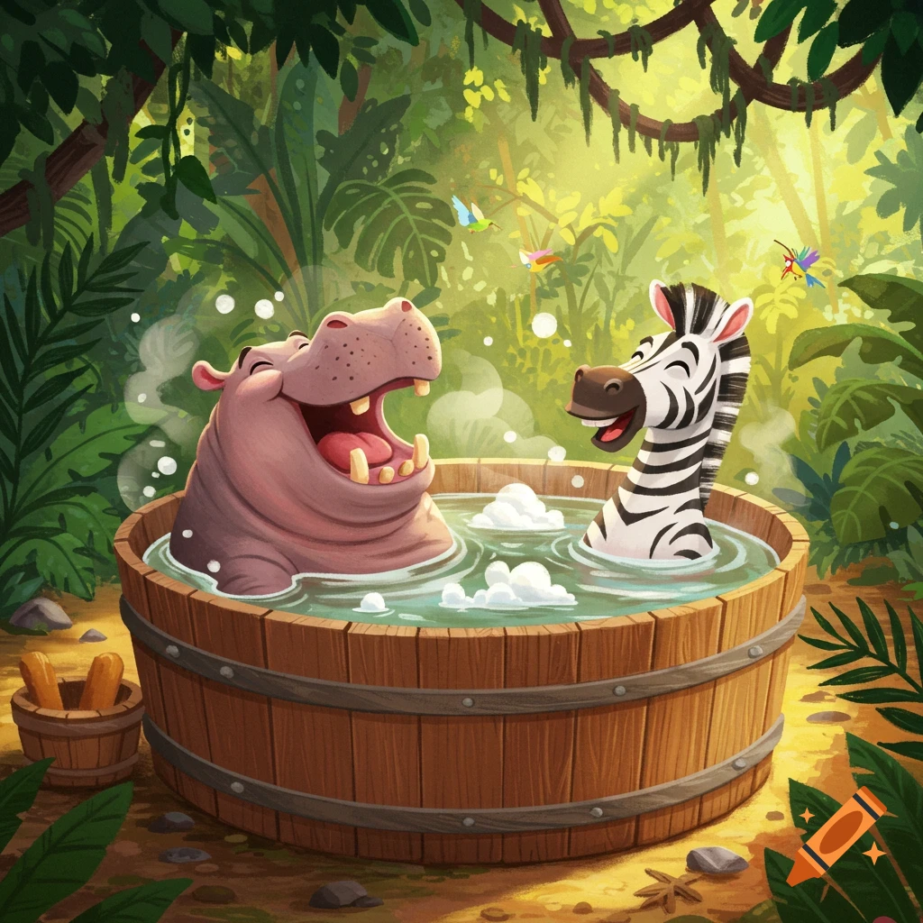 A happy cartoon hippo and zebra relaxing in a bubbly wooden hot tub in a lush jungle.