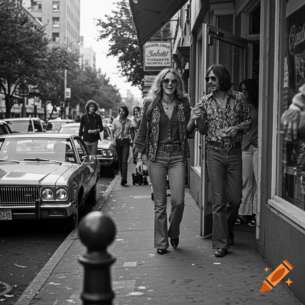 A black and white photo of a smiling couple in 1970s attire walking out of a shop onto a city sidewalk.