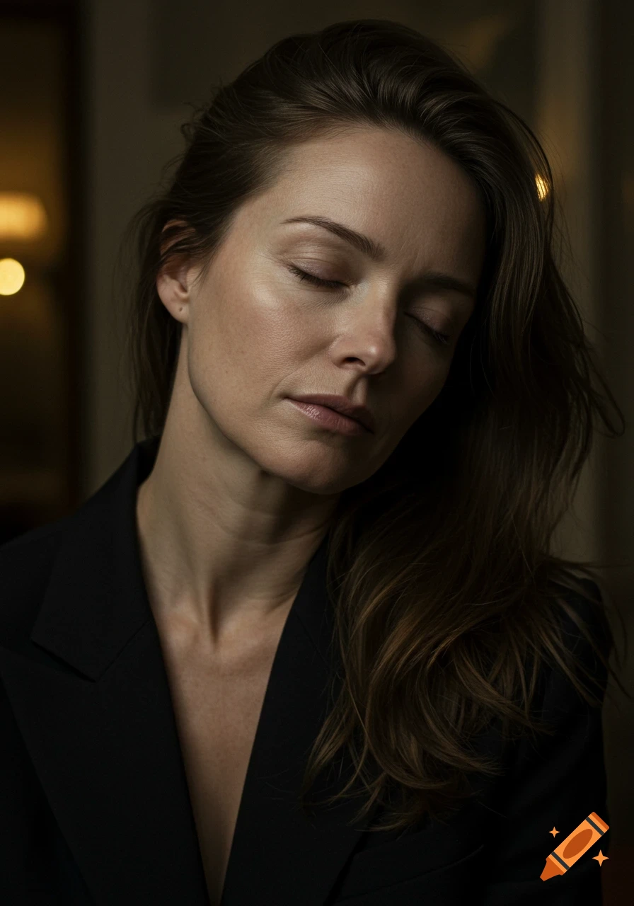Close-up portrait of a woman with closed eyes, head tilted, wearing a black blazer, under soft warm lighting.
