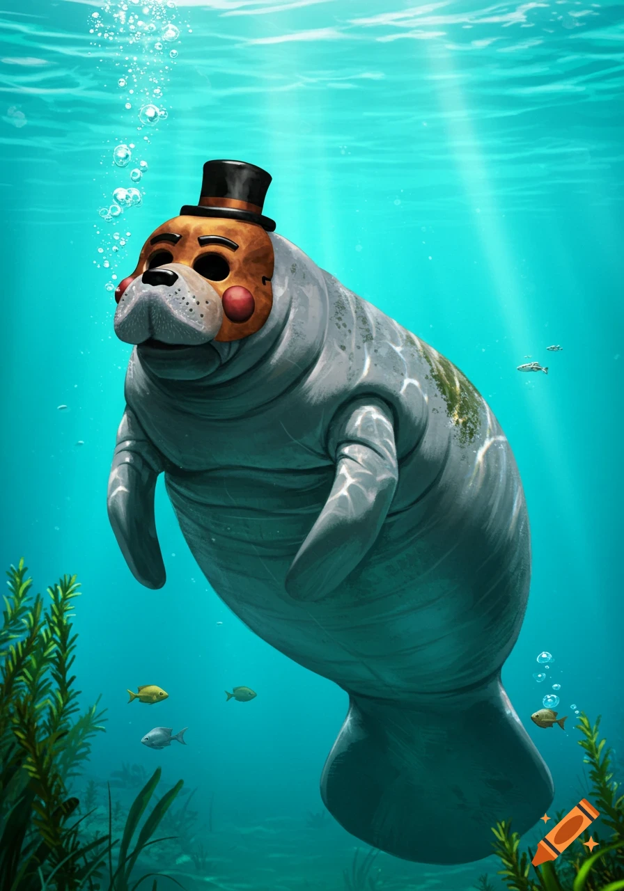 An illustrated manatee wearing a Freddy Fazbear mask and a black top hat swims underwater among bubbles and plants.