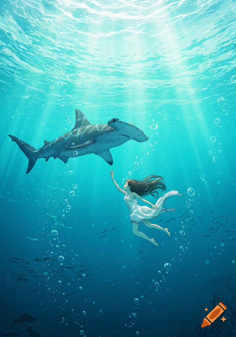 Ethereal illustration of a girl in a white dress floating underwater, reaching towards a hammerhead shark, with light rays.