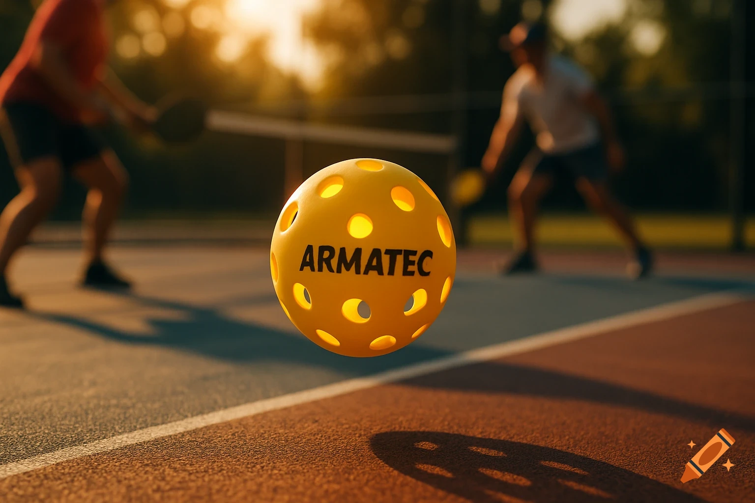 A yellow pickleball with 'ARMATEC' printed on it floats above a court, with blurred players in the background at sunset.
