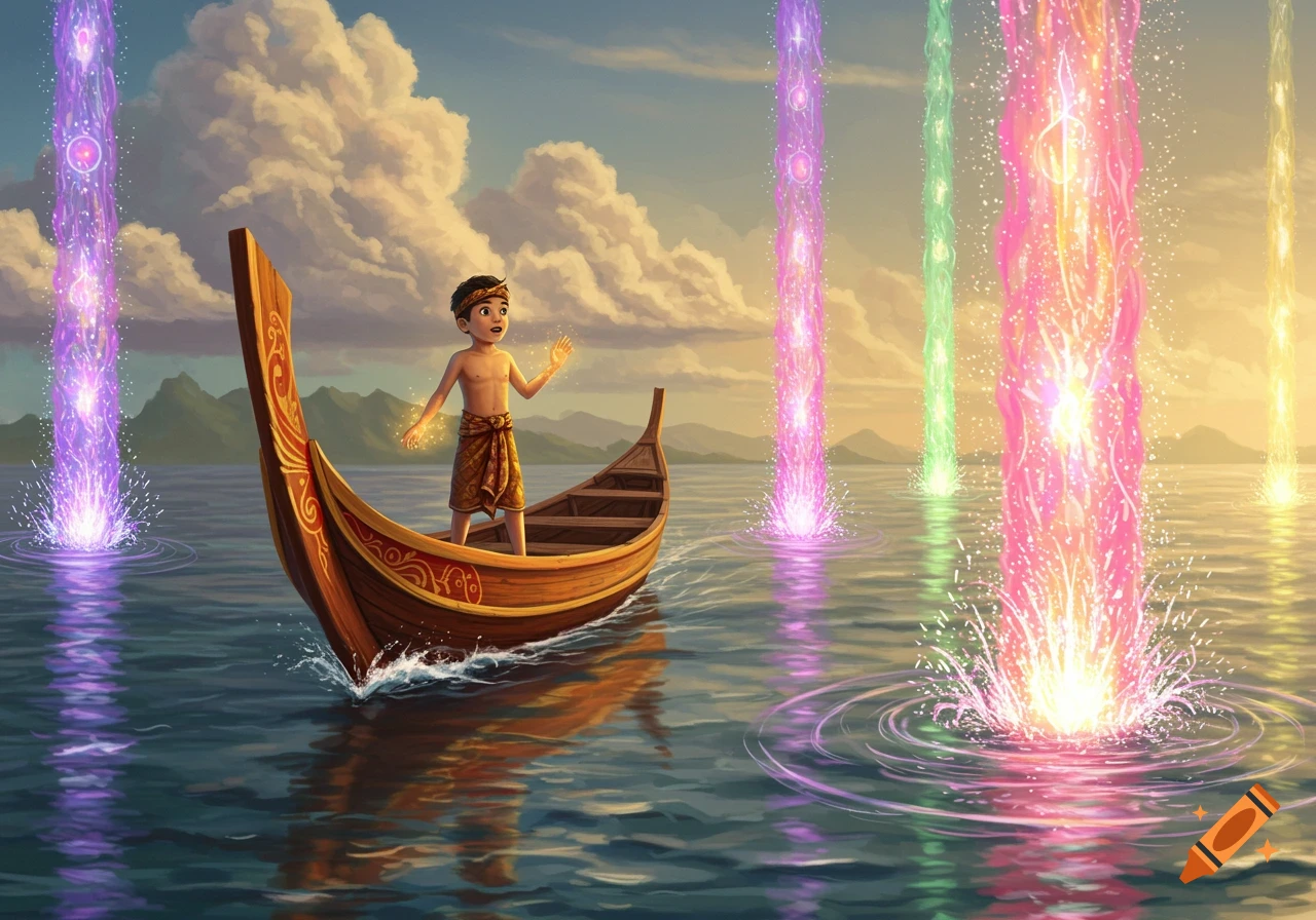 A young boy in a boat on calm water watches vibrant magical light pillars rising from the surface against a cloudy sky, illustrated.